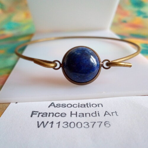 Bracelet laiton bronze avec cabochon rond lapis lazuli pierre precieuse bleue,fait mains en france,fete anniversaire noel