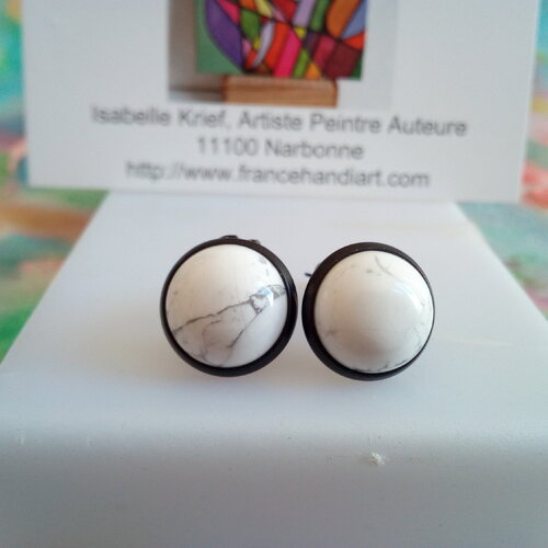 Howlite,clips oreilles laiton noir avec cabochons ronds, pierre precieuse,fait mains en france,cadeau fete anniversaire noel