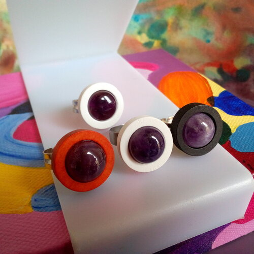 Bague amethyste,bois acier,pierre fine violet,orange blanc noir,ajustable,cadeau bijou fete femme,boho bobo gothique,fait mains en france