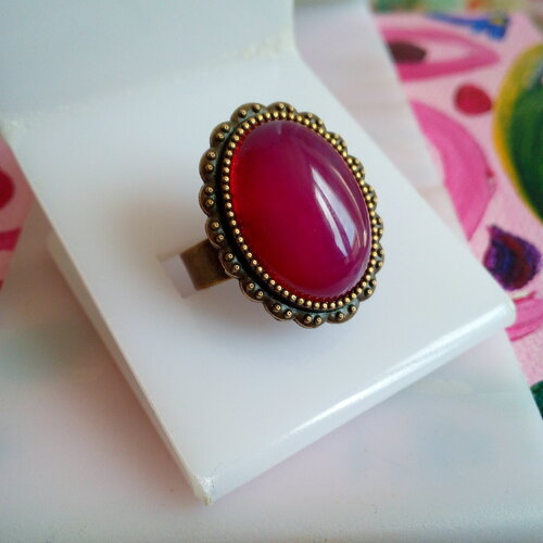 Agate rose,bague fleurie laiton bronze avec cabochon ovale 13x18mm pierre precieuse,fait mains en france,cadeau fete anniversaire noel
