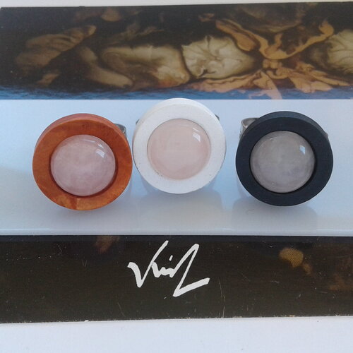 Bague bois acier quartz rose,pierre fine precieuse,cabochon rond 12mm,ajustable,cadeau fete anniversaire,bobo boho,fait mains en france