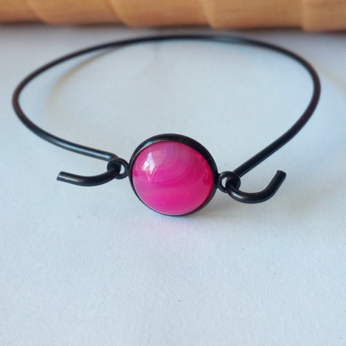Bracelet jonc agate rose,pierre semi precieuse,cabochon rond ,gothique bobo,boho,cadeau fete,fait en france