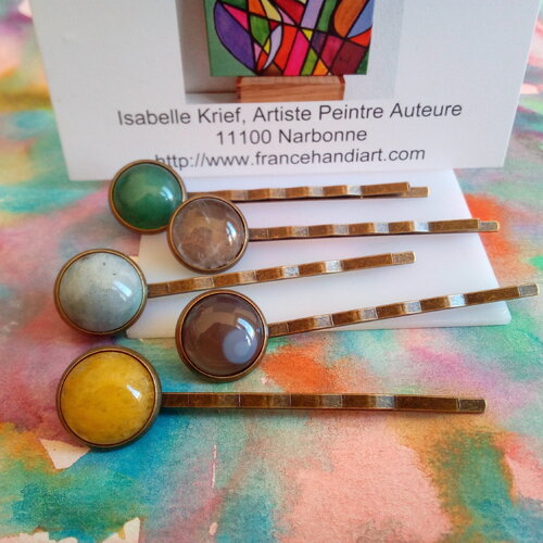 Pince à cheveux chapeau cravate laiton bronze avec pierre gemme semi precieuse calcite quartz cristal roche aventurine labradorite