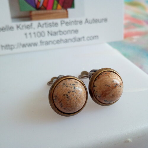 Jaspe paysage,clips oreilles non percees en laiton avec cabochons ronds pierre precieuse,cadeau fete anniversaire noel,fait mains en france