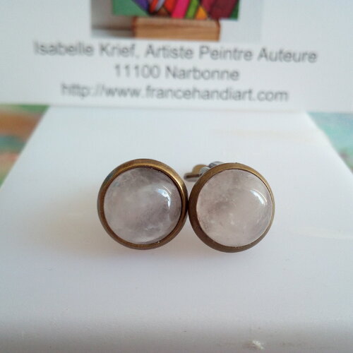 Quartz rose,clips oreilles non percees en laiton avec cabochons ronds pierre fine,cadeau fete anniversaire noel,fait mains en france