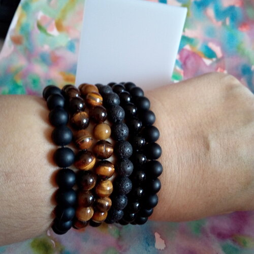 Bracelet quartz oeil de tigre pierre de lave,pierre fine perles rondes dia 8mm,cordon elastique 19 cm,cadeau fete anniversaire noel