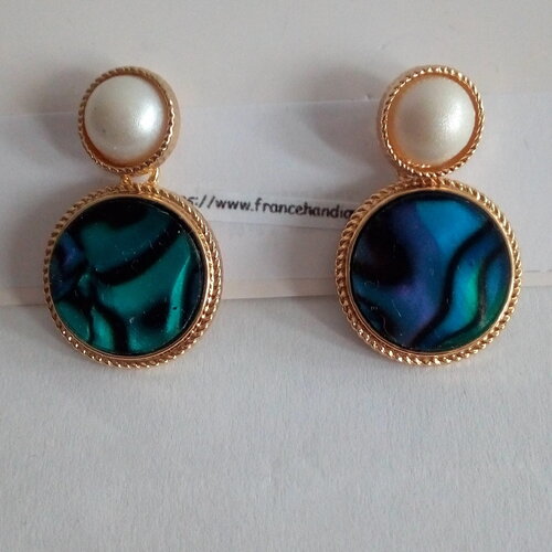 Clous boucle oreilles coquillage abalone nacre bleu vert perle blanche,plaque or nickel free,cadeau fete anniversaire noel,boho bobo fashion