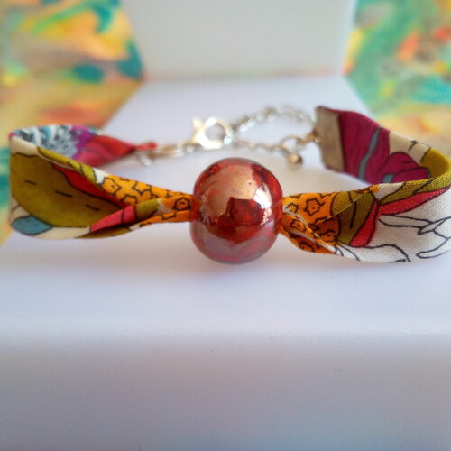 Bracelet liberty avec perle ronde ceramique,fleuri orange violet rose marron,cadeau fete anniversaire noel,st valentin,boho bobo gothique