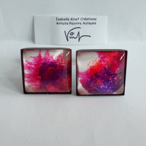 Peinture acrylique,boutons manchette laiton avec cabochons carres art abstrait contemporain rose violet blanc,accessoire costume chemise