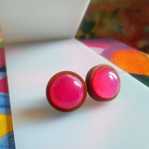Agate rose,clous oreilles bois,tiges acier avec cabochons ronds 12mm,fait mains en france,cadeau fete anniversaire