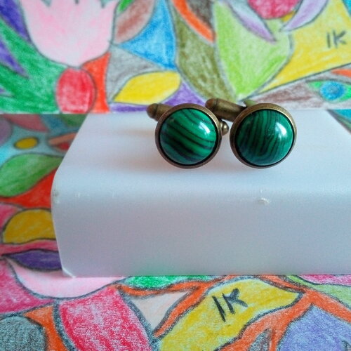Malachite,boutons manchette bronze,pierre gemme semi precieuse,cabochons ronds 10m,cadeau fete anniversaire,accessoire costume cravate,