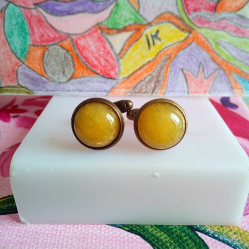 Boutons de manchette laiton bronze avec cabochons ronds 12mm,topaze orange,pierre fine ,accessoire costume cravate