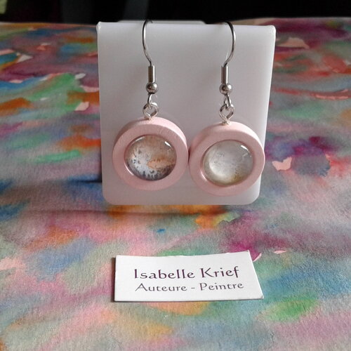 Boucles oreilles bois rond,aquarelle originale,rose violet jaune orange,crochets acier,bobo boho gothique