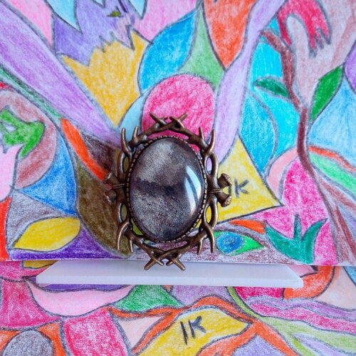 Broche aquarelle ooak,par artiste peintre,laiton bronze avec cabochon oval noir gris nuage orage,branches epines,fait mains en france
