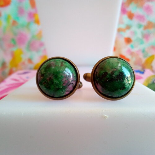 Boutons manchette rubis zoisite pierre precieuse ,cabochons ronds ,accessoire costume cravate,cadeau fete anniversaire noel,base laiton