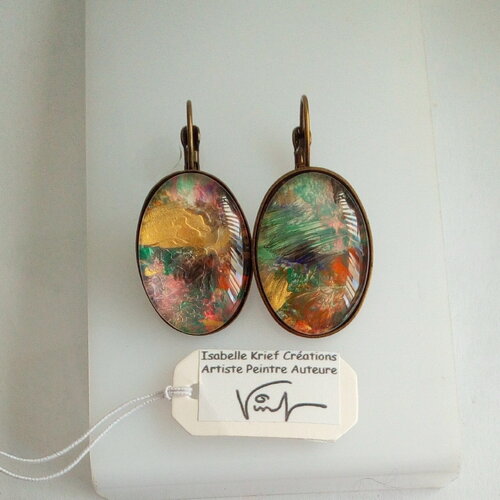 Peinture acrylique,boucles oreilles dormeuses ovale rouge vert noir rose violet or bronze,art abstrait,cadeau fete anniversaire noel