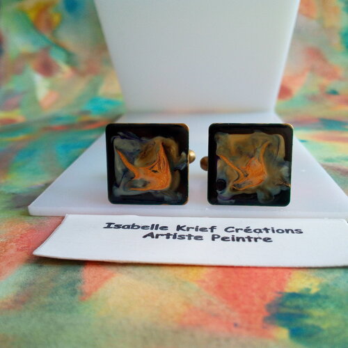 Boutons de manchette carré en laiton bronze peints ,fait mains en france,cadeau fete anniversaire noel