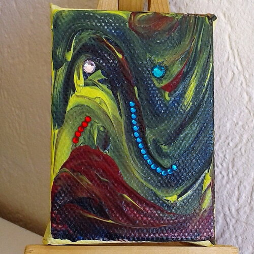 L elephant bleu,mini tableau 5x7cm, mixte peinture et cristal swarovski,par isabelle krief artiste peintre a narbonne