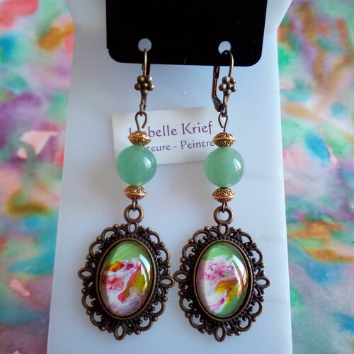Aventurine,boucles oreilles pendantes perles rondes et pendentifs peints art fleuri,fait mains en france,cadeau fete noel