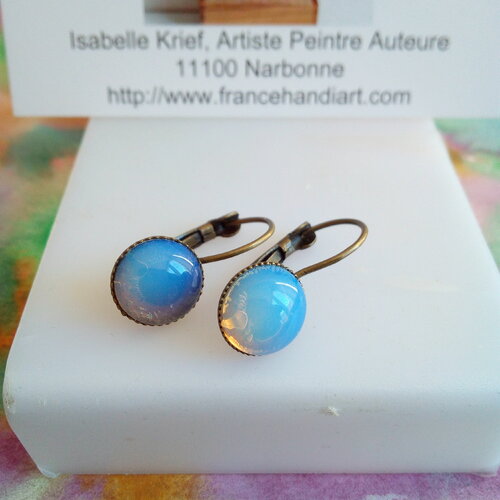 Opale,boucles oreilles dormeuses percees laiton bronze avec cabochons ronds,fait mains en france,cadeau fete anniversaire noel,boho