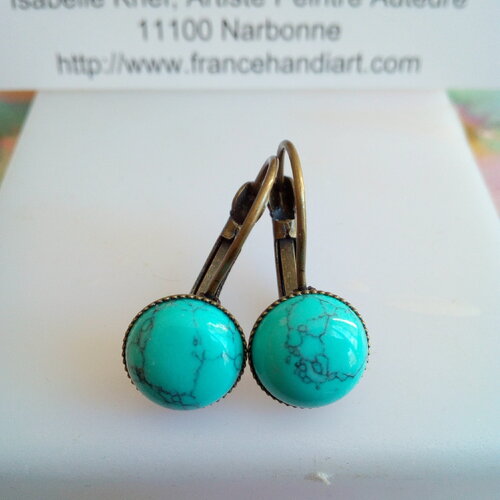 Turquoise,boucles oreilles dormeuses bronze avec cabochons ronds,pierre precieuse,cadeau fete anniversaire noel,fait mains en france