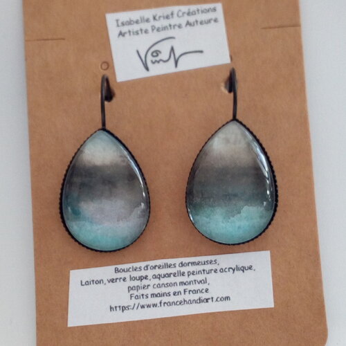 Boucles oreilles dormeuses laiton avec pendentifs gouttes aquarelle bleu noir gris,cadeau fete anniversaire noel