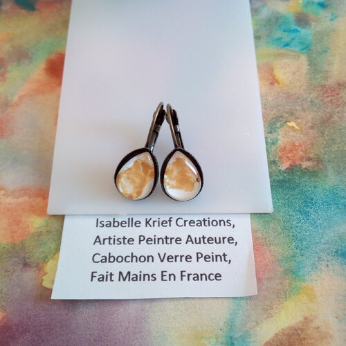 Boucles oreilles pendantes laiton bronze avec pendentif goutte en verre peint abstrait or et nacre blanc perle,fermoir dormeuses,cadeau fete