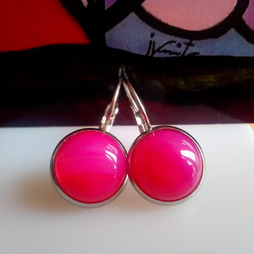 Agate rose, dormeuses rhodié avec cabochons ronds quartz pierre fine, bijou boho bobo gothique,fait mains en france