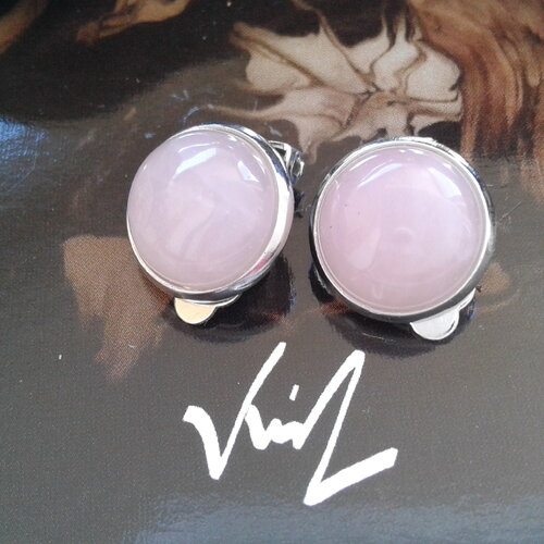 Quartz rose, clips oreilles argente rhodie avec cabochons ronds,pierre fine,cadeau fete anniversaire noel,fait mains en france