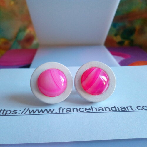 Agate rose,clous oreilles bois blanc tige acier chirurgical, avec cabochons ronds,pierre fine precieuse,cadeau fete anniversaire noel