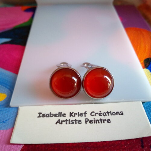 Cornaline, clips oreilles argente rhodie avec cabochons ronds,quartz pierre fine,cadeau fete anniversaire noel,fait mains en france