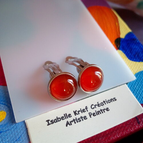 Cornaline, clips oreilles argente rhodie avec cabochons ronds,quartz pierre fine,cadeau fete anniversaire noel,fait mains en france