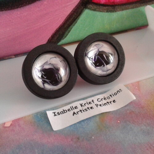 Verre peint,clous oreille bois avec cabochons en verre ronds, amethyste et nacre blanc,fait mains en france,cadeau fete anniversaire noel