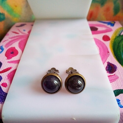 Clips boucles oreilles laiton bronze avec cabochons ronds 10mm amethyste pierre precieuse,cadeau fete anniversaire noel,fait mains en france