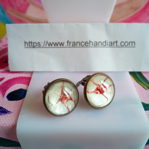 Art portable,clips oreilles laiton bronze avec cabochons ronds en verre peints par artiste,fait mains en france,cadeau fete anniversaire