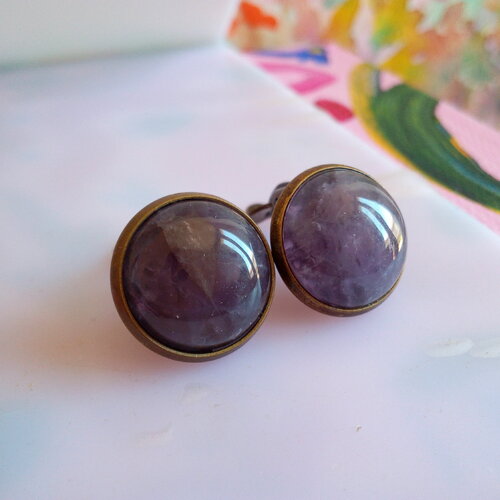 Amethyste,clips oreilles laiton bronze avec cabochons ronds 14mm quartz pierre fine precieuse,fait en france,cadeau fete anniversaire noel