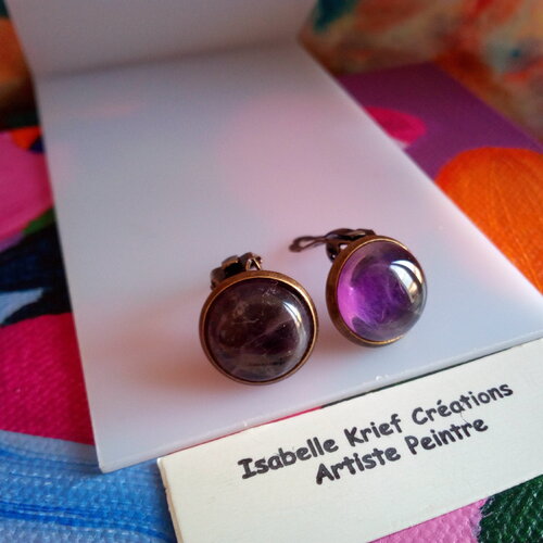 Amethyste,clips oreilles non perce laiton bronze avec cabochons ronds 12mm pierre precieuse,fait en france,cadeau fete anniversaire noel