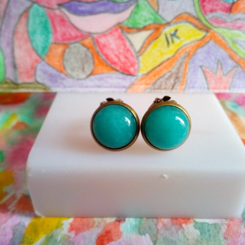 Quartz bleu,clips oreilles laiton avec cabochons ronds 12mm quartz pierre fine precieuse,fait mains en france,cadeau fete anniversaire noel