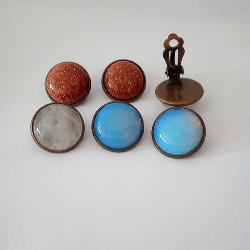 Clips oreilles pierre semi precieuse opale,cristal de roche quartz,pierre de soleil,laiton bronze cabochons ronds 16mm,cadeau fete noel