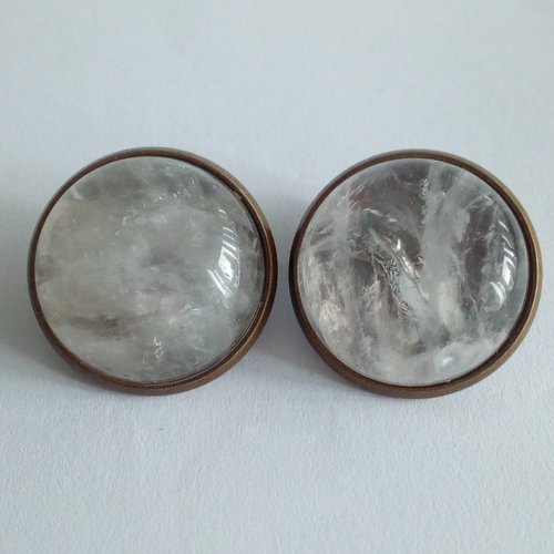 Cristal de roche, clips oreilles laiton bronze avec cabochons ronds,quartz pierre fine,cadeau fete anniversaire noel,fait mains en france