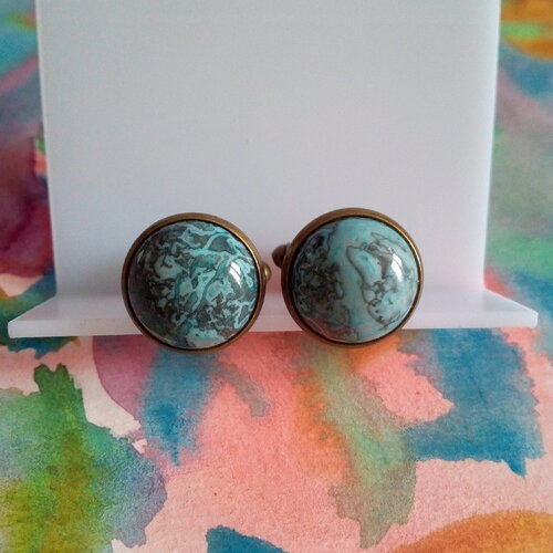 Boutons manchette laiton avec cabochons ronds 14mm onyx bleu gemme pierre precieuse,cadeau fete anniversaire noel,accessoire costume cravate