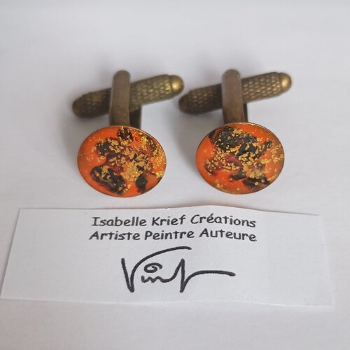 Peinture acrylique par artiste,boutons manchette ronds orange noir et or,boho bobo gothique,fait mains en france,accessoire homme chemise