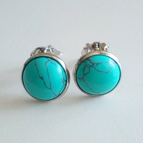Turquoise, clips oreilles en acier inoxydable avec cabochons ronds 12mm,pierre precieuse,cadeau fete anniversaire noel,fait mains en france