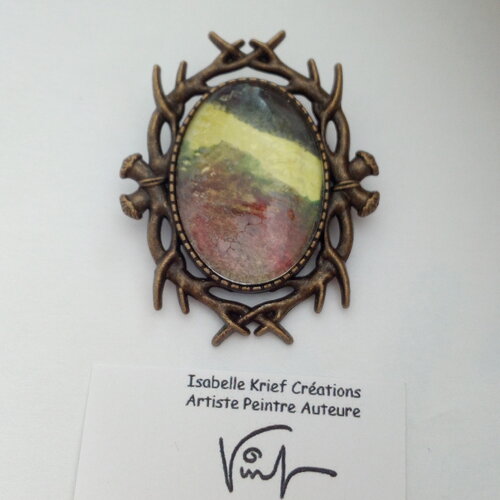 Aquarelle originale ooak,artiste peintre française,broche ovale bronze,jaune rouge noir,epingle,branches epines,bobo boho gothique,baroque