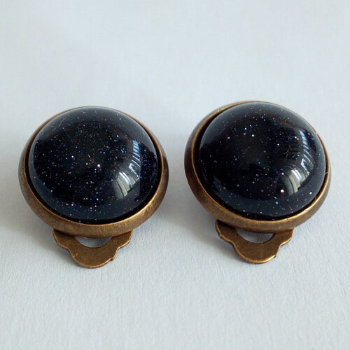 Pierre sable bleu,clips oreilles non percees,laiton bronze, avec cabochons ronds 12mm,cadeau fete anniversaire noel,fait mains en france