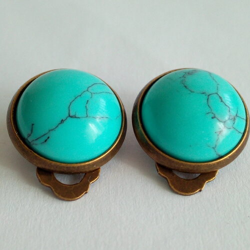 Turquoise bleue,clips oreilles non percees en laiton bronze avec cabochons ronds 12mm,pierre semi precieuse,cadeau fete anniversaire noel