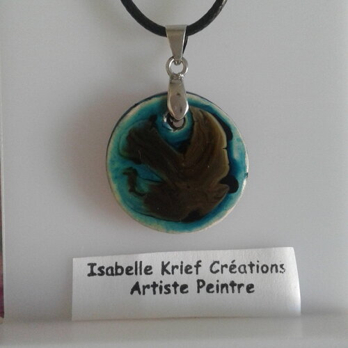 Pendentif rond en argile naturelle peint bleu gris noir orange, cordon chaînette,bijou unisex, boho bobo gothique,art abstrait fantastique