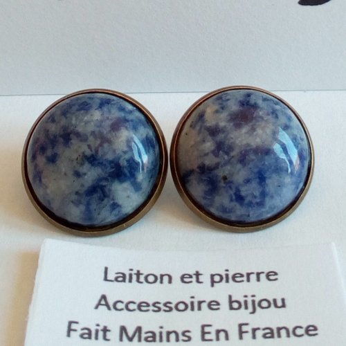 Sodalite,clips oreilles non perce avec cabochon rond 20mm pierre precieuse bleue,laiton,fait mains en france