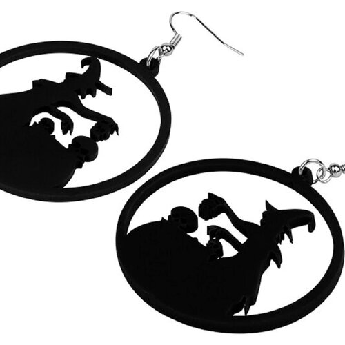 Boucles oreilles pendantes plastique acrylique laser cut sorciere halloween crane chaudron noir filigrane,crochets acier,fait main en france