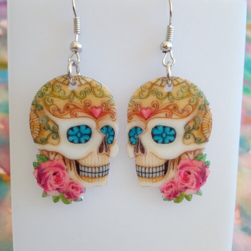 Boucles oreilles pendantes plastique acrylique laser cut crane katrina mexicain au sourire fleuri,avec crochets en acier inoxydable,